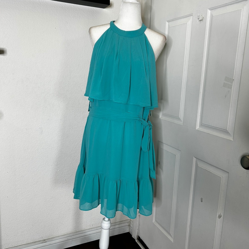 NWT Eliza J Halter Popover Mini Dress Womens 14 Turquoise Chiffon Ruffle Wedding - Picture 4 of 14
